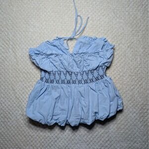 Zara XS Baby Blue Smocked Halter Crop Top Bubble Hem 100% Cotton